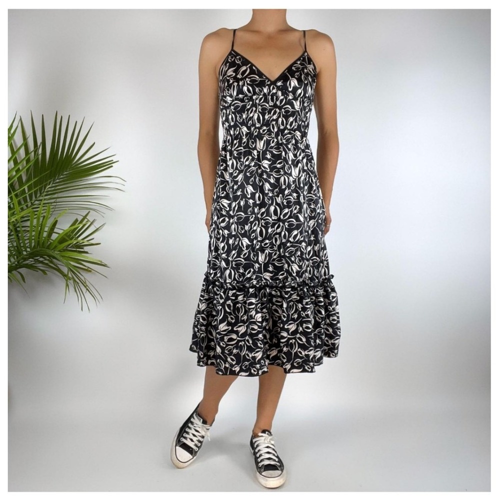 bebe Silk Floral Maxi Dress Sz Small Black Smocked Tiered Cottagecore Whimsigoth